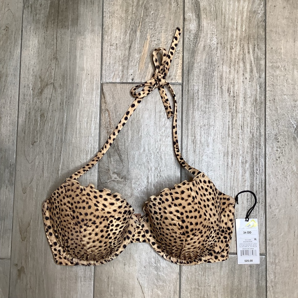Shade & Shore Leopard Print Halter Push-Up Bra in Tan and Black